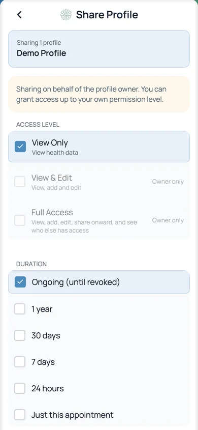The sharing screen: access set to view only, view and edit, or full access, and duration set to ongoing, a year, 30 days, 7 days, 24 hours or just this appointment.